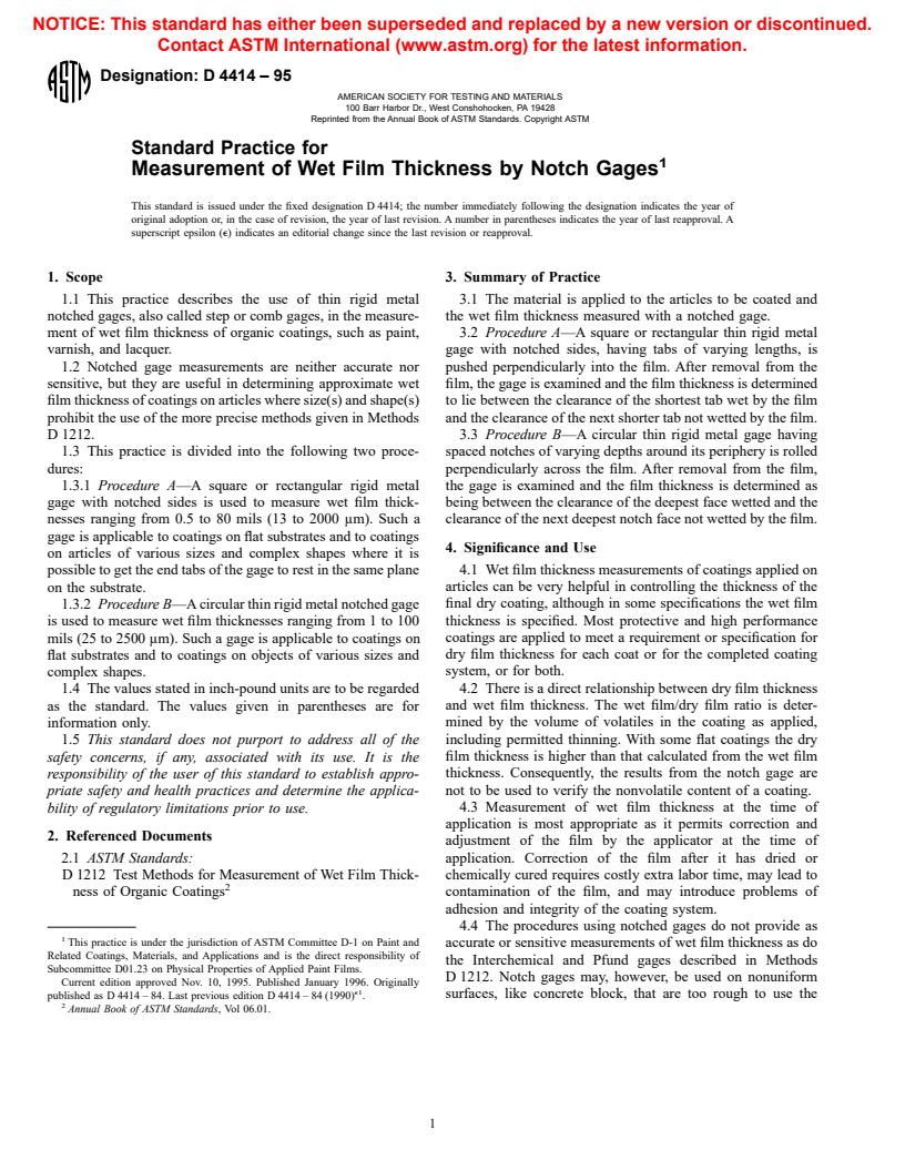 ASTM D4414-95 - Standard Practice for Measurement of Wet Film Thickness by Notch Gages