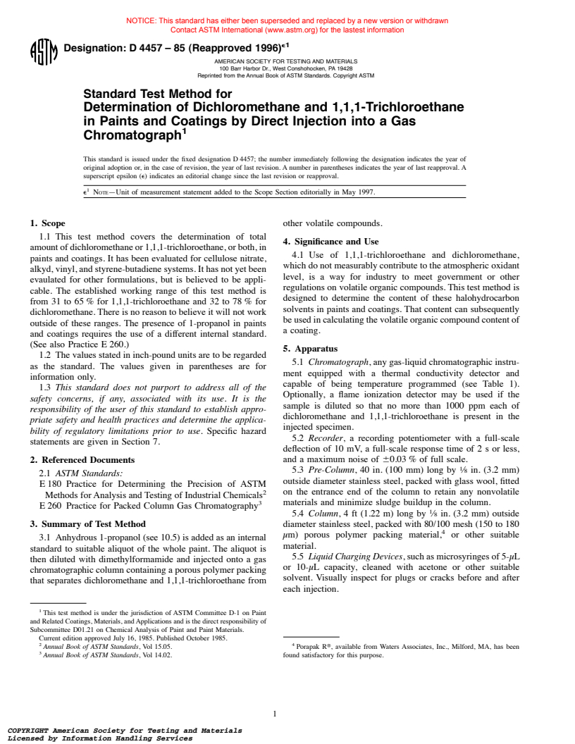 ASTM D4457-85(1996)e1 - Standard Test Method for Determination of Dichloromethane and 1,1,1-Trichloroethane in Paints and Coatings by Direct Injection into a Gas Chromatograph