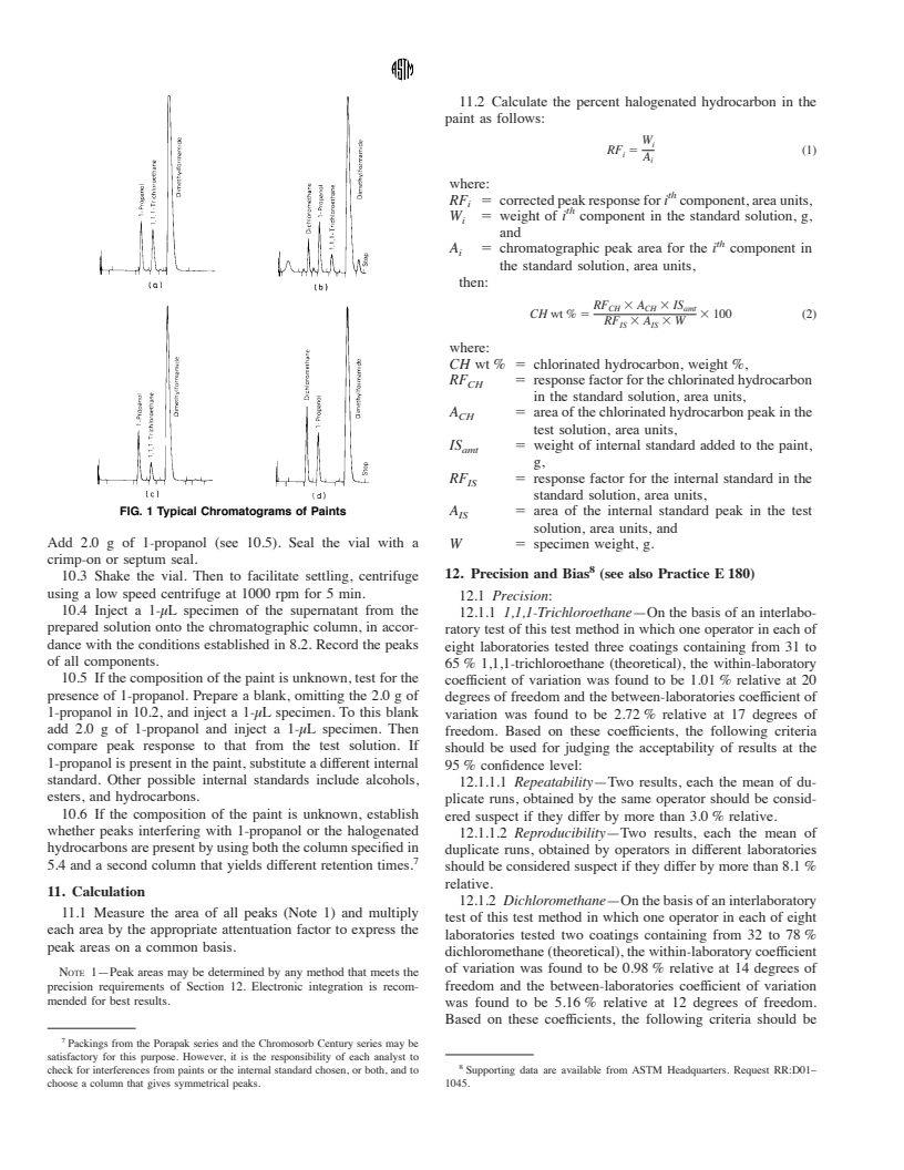 ASTM D4457-85(1996)e1 - Standard Test Method for Determination of Dichloromethane and 1,1,1-Trichloroethane in Paints and Coatings by Direct Injection into a Gas Chromatograph