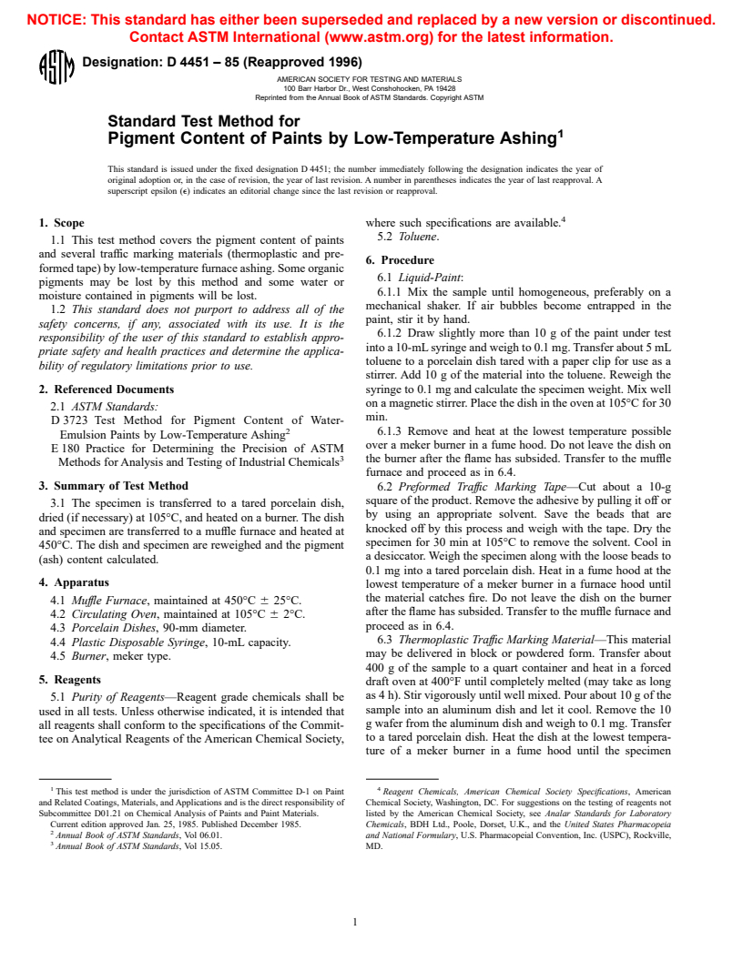 ASTM D4451-85(1996) - Standard Test Method for Pigment Content of Paints by Low-Temperature Ashing