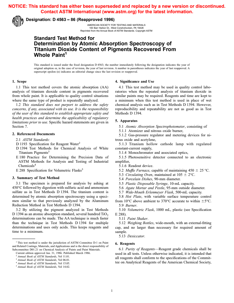 ASTM D4563-86(1996) - Standard Test Method for Determination by Atomic Absorption Spectroscopy of Titanium Dioxide Content of Pigments Recovered From Whole Paint