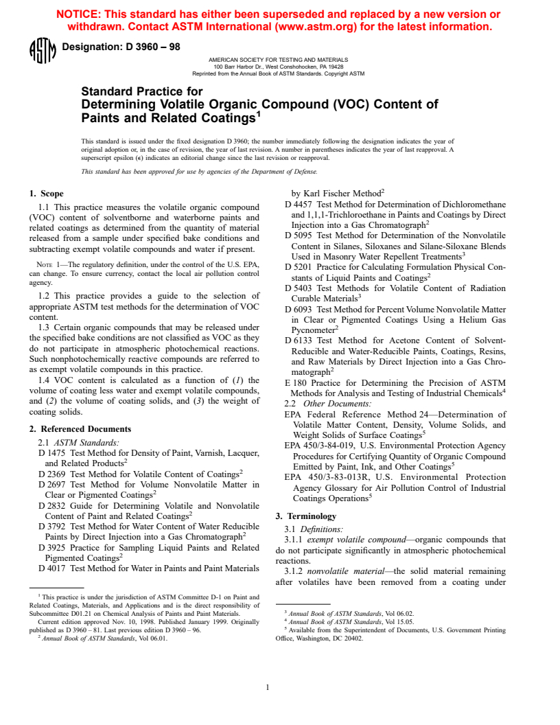 ASTM D3960-98 - Standard Practice for Determining Volatile Organic Compound (VOC) Content of Paints and Related Coatings