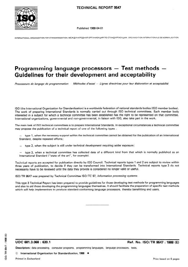 ISO/TR 9547:1988 - Programming language processors -- Test methods -- Guidelines for their development and acceptability