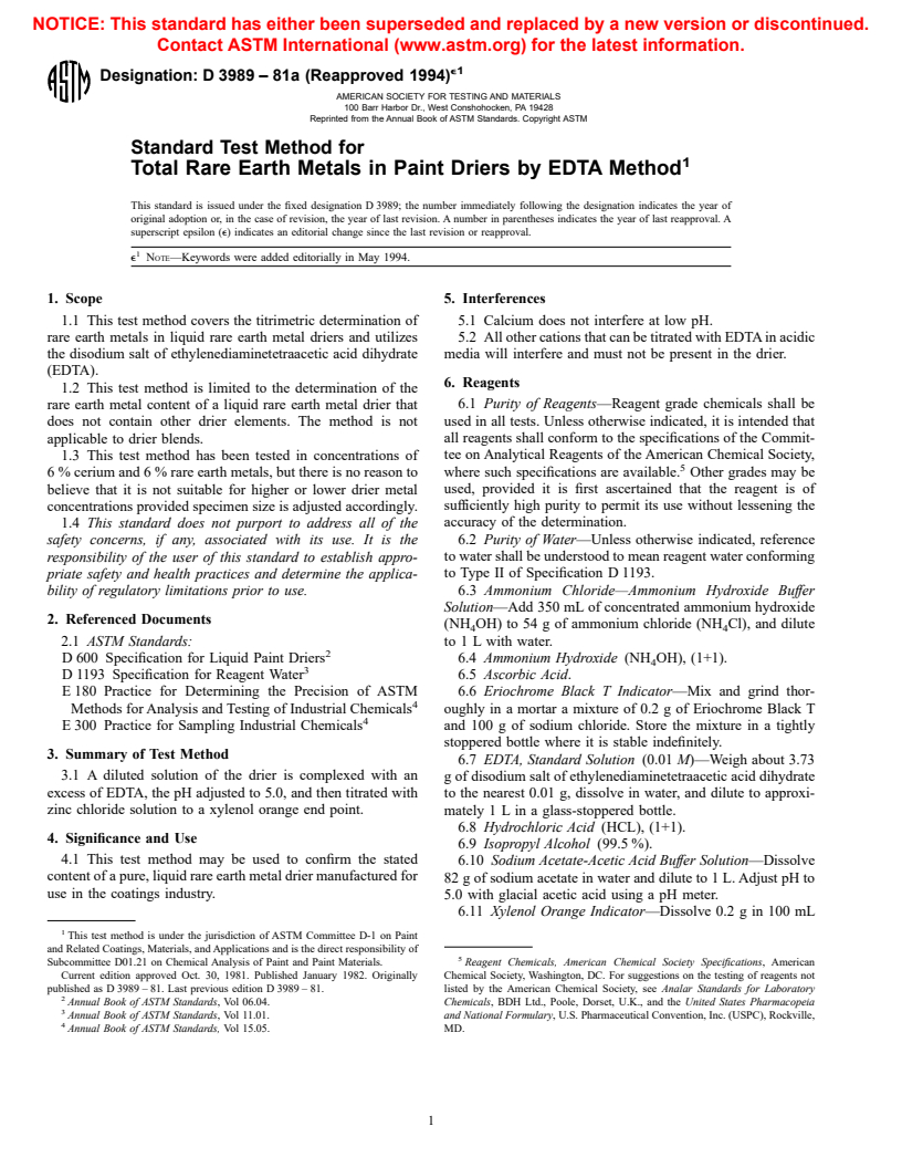 ASTM D3989-81a(1994)e1 - Standard Test Method for Total Rare Earth Metals in Paint Driers by EDTA Method