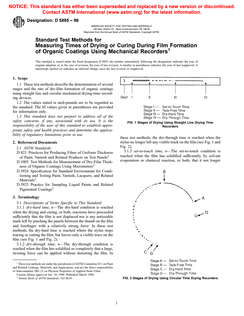 ASTM D5895-96 - Standard Test Methods for Measuring Times of Drying or Curing During Film Formation of Organic Coatings Using Mechanical Recorders