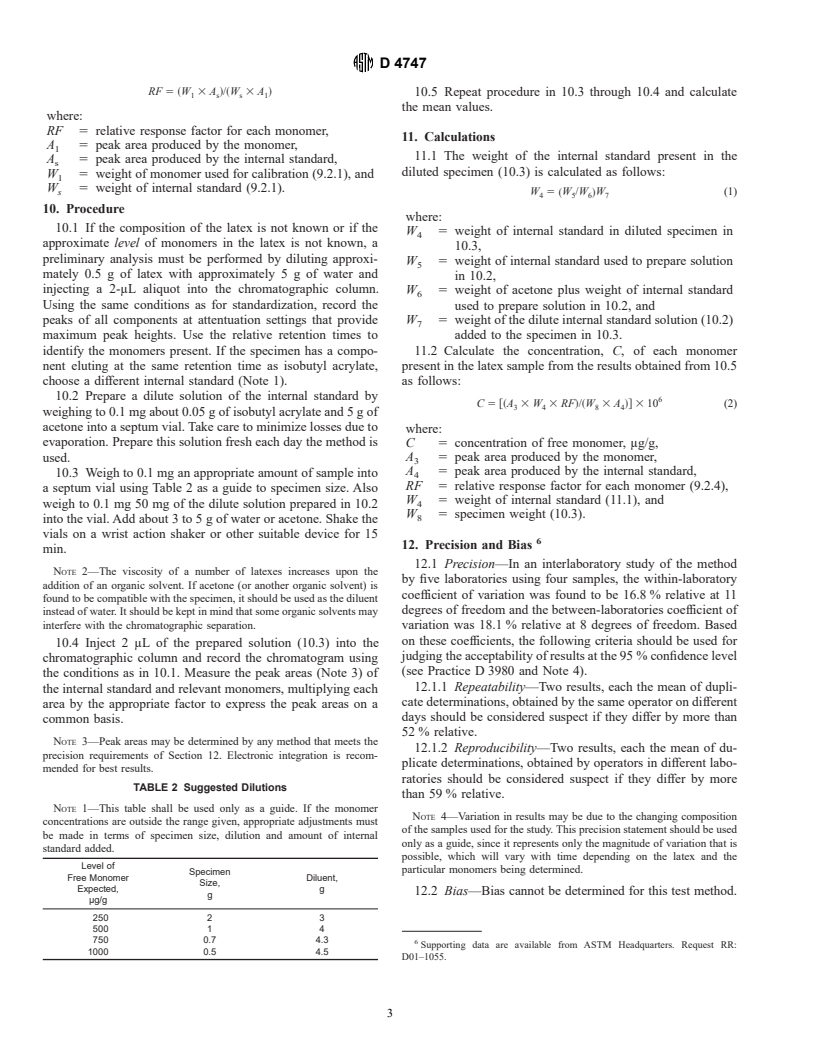ASTM D4747-87(1996)e1 - Standard Test Method for Determining Unreacted Monomer Content of Latexes Using Gas-Liquid Chromatography