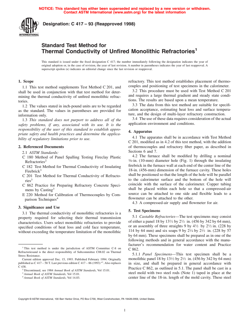 ASTM C417-93(1998) - Standard Test Method for Thermal Conductivity of Unfired Monolithic Refractories