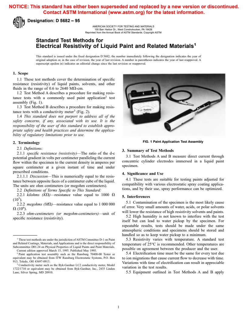 ASTM D5682-95 - Standard Test Methods for Electrical Resistivity of Liquid Paint and Related Materials