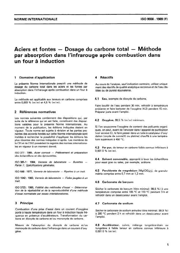 ISO 9556:1989 - Aciers et fontes -- Dosage du carbone total -- Méthode par absorption dans l'infrarouge apres combustion dans un four a induction