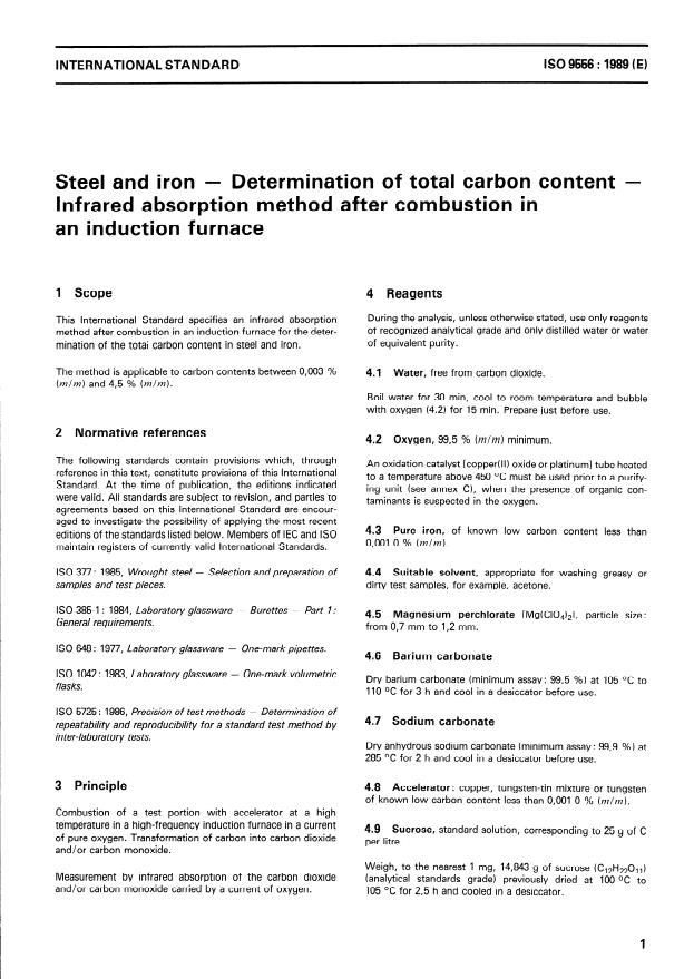 ISO 9556:1989 - Steel and iron -- Determination of total carbon content -- Infrared absorption method after combustion in an induction furnace