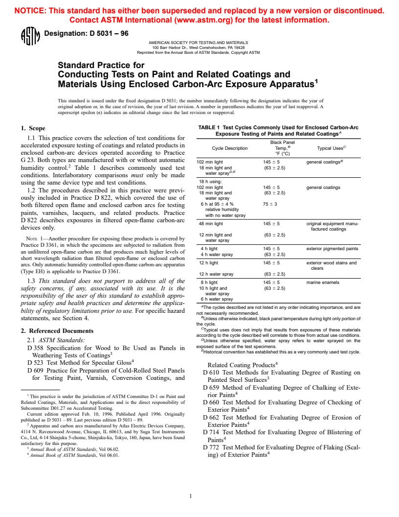 ASTM D5031-96 - Standard Practice for Enclosed Carbon-Arc Exposure Tests of Paint and Related Coatings