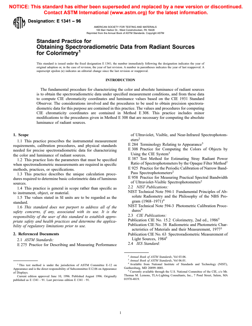 ASTM E1341-96 - Standard Practice for Obtaining Spectroradiometric Data from Radiant Sources for Colorimetry