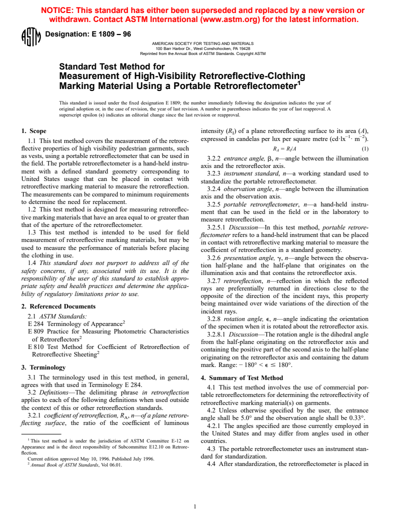 ASTM E1809-96 - Standard Test Method for Measurement of High-Visibility Retroreflective-Clothing Marking Material Using a Portable Retrorelectometer