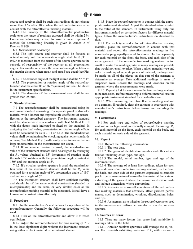 ASTM E1809-96 - Standard Test Method for Measurement of High-Visibility Retroreflective-Clothing Marking Material Using a Portable Retrorelectometer