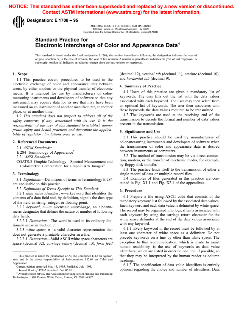 ASTM E1708-95 - Standard Practice for Electronic Interchange of Color and Appearance Data