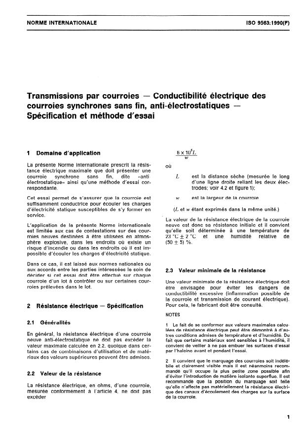 ISO 9563:1990 - Transmissions par courroies -- Conductibilité électrique des courroies synchrones sans fin, anti-électrostatiques -- Spécification et méthode d'essai