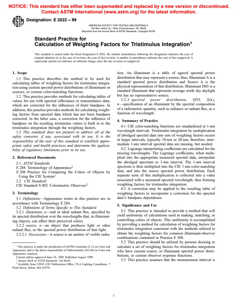 ASTM E2022-99 - Standard Practice for Calculation of Weighting Factors for Tristimulus Integration