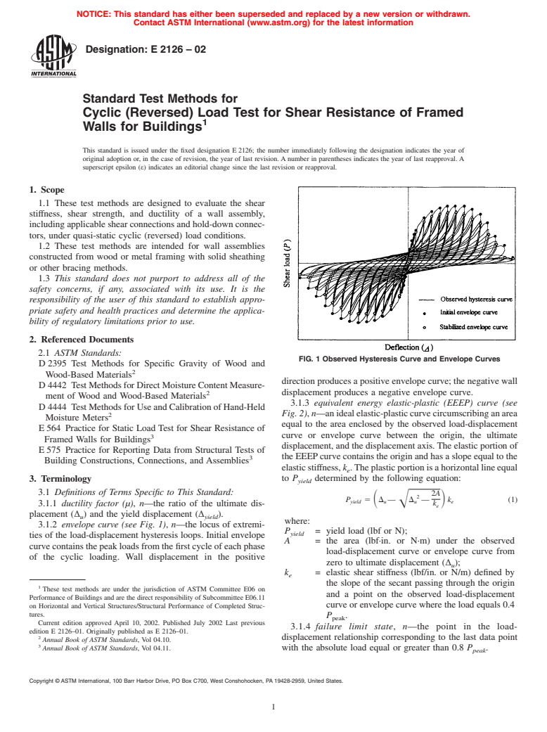 ASTM E2126-02 - Standard Test Methods for Cyclic (Reversed) Load Test for Shear Resistance of Framed Walls for Buildings