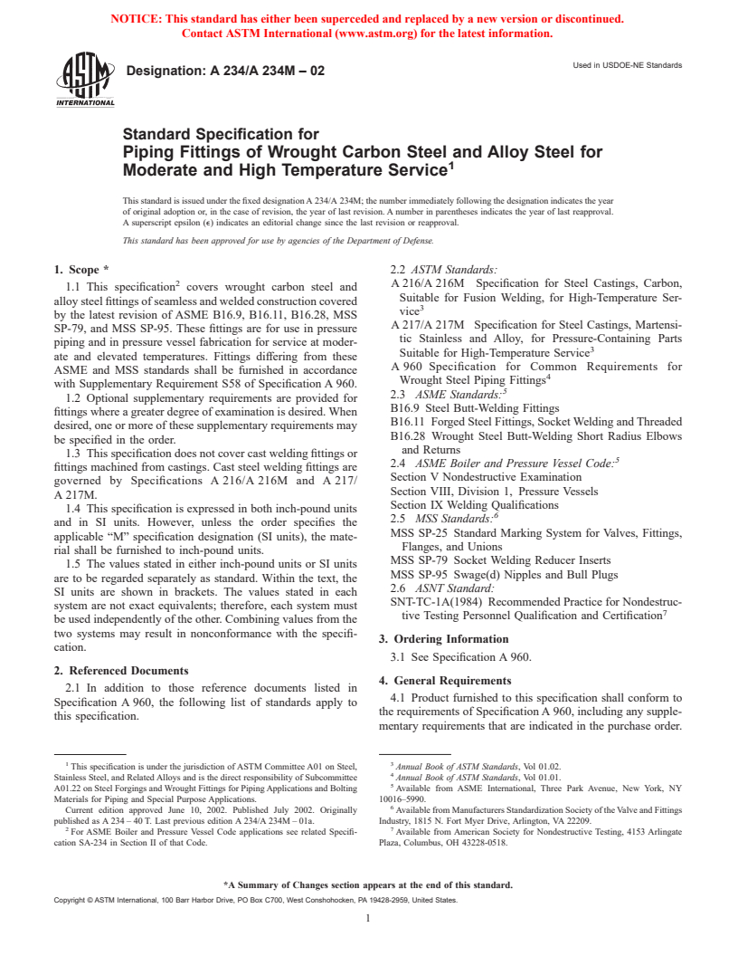 ASTM A234/A234M-02 - Standard Specification for Piping Fittings of Wrought Carbon Steel and Alloy Steel for Moderate and High Temperature Service