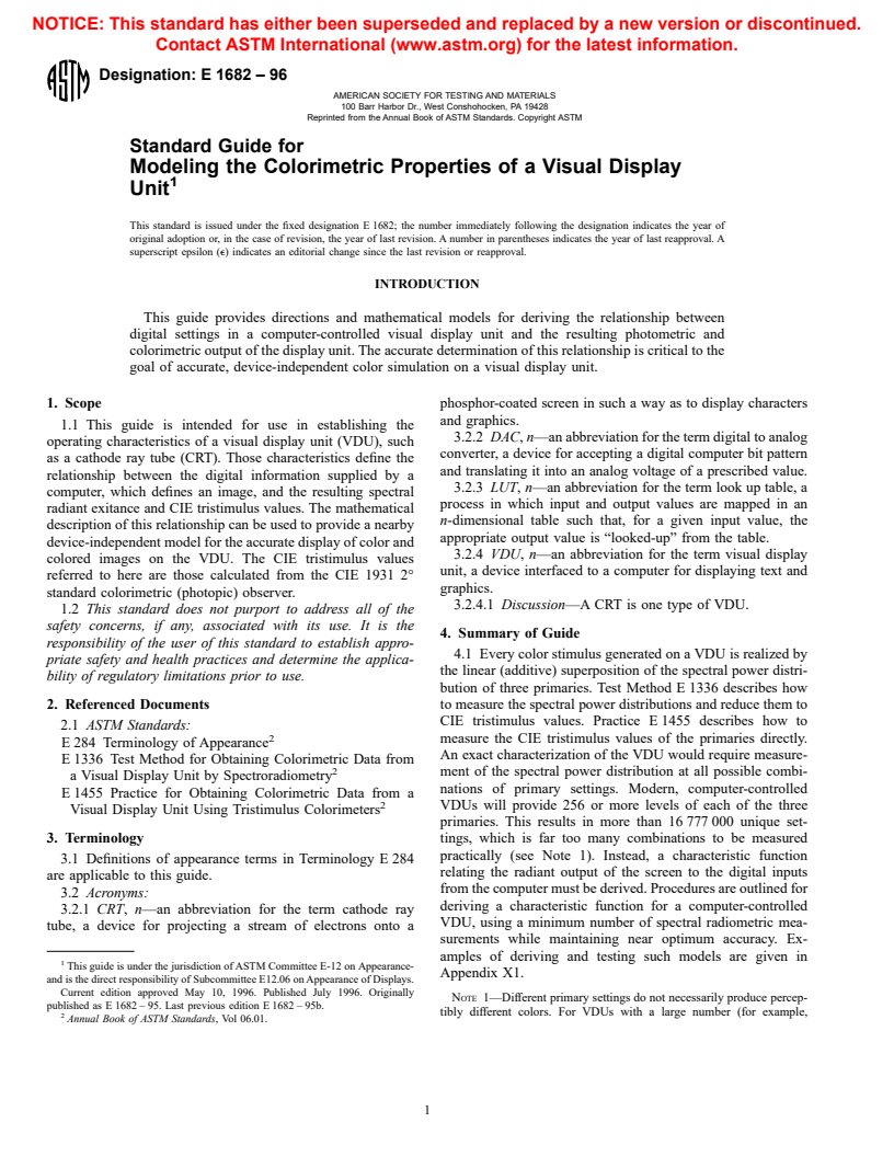 ASTM E1682-96 - Standard Guide for Modeling the Colorimetric Properties of a Visual Display Unit