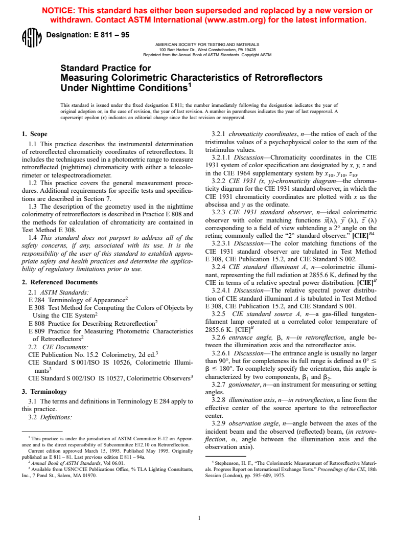 ASTM E811-95 - Standard Practice for Measuring Colorimetric Characteristics of Retroreflectors Under Nighttime Conditions