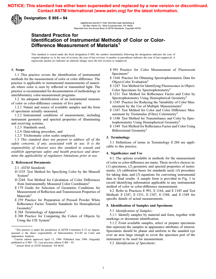 ASTM E805-94 - Standard Practice for Identification of Instrumental Methods of Color or Color-Difference Measurement of Materials