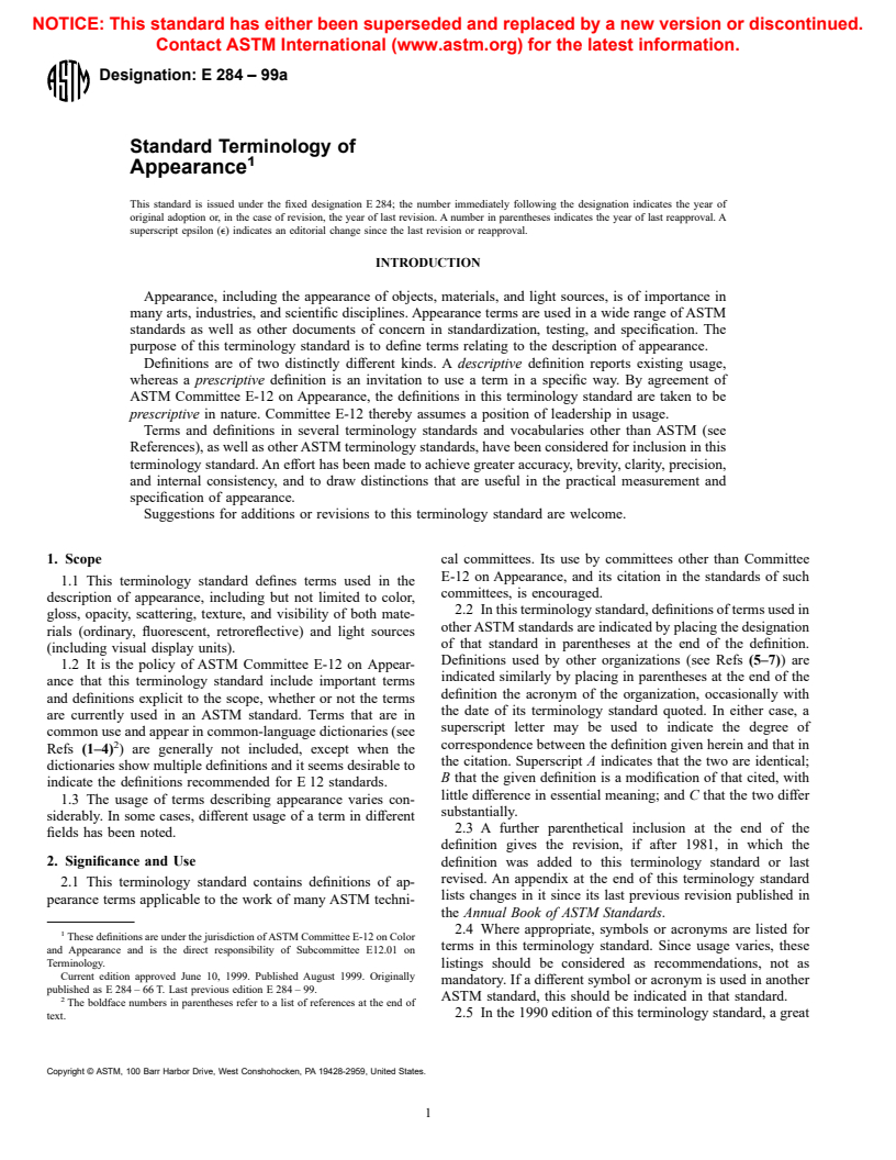 ASTM E284-99a - Standard Terminology of Appearance