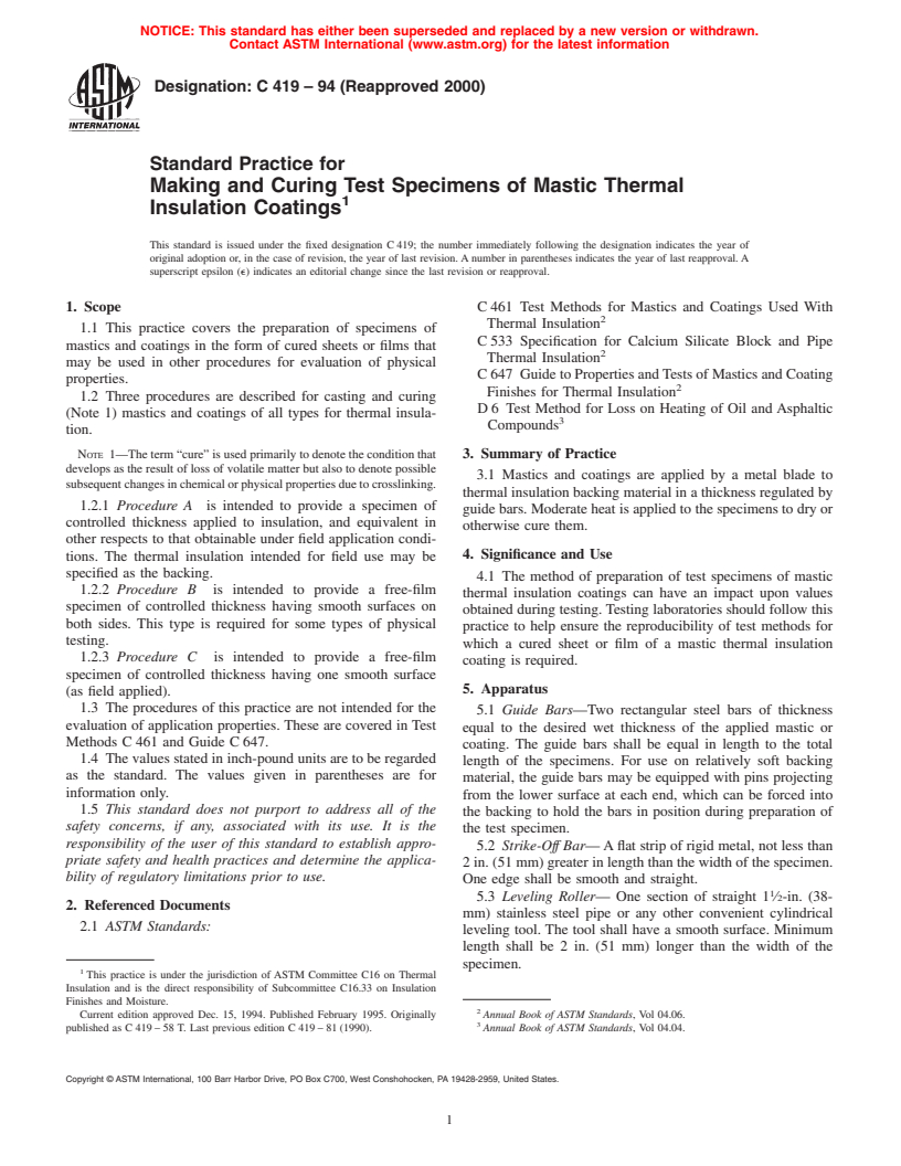 ASTM C419-94(2000) - Standard Practice for Making and Curing Test Specimens of Mastic Thermal Insulation Coatings