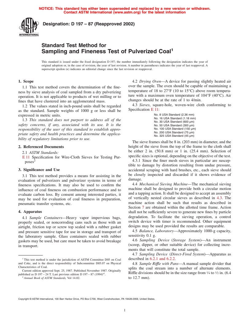 ASTM D197-87(2002) - Standard Test Method for Sampling and Fineness Test of Pulverized Coal