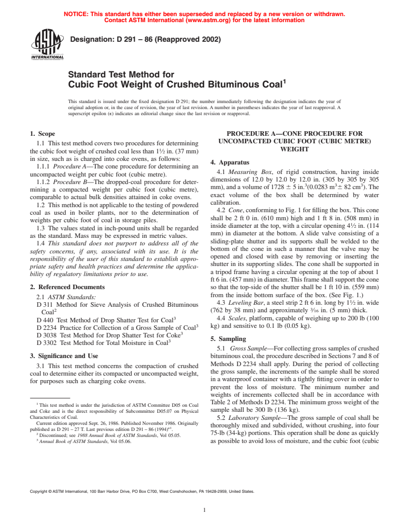 ASTM D291-86(2002) - Standard Test Method for Cubic Foot Weight of Crushed Bituminous Coal