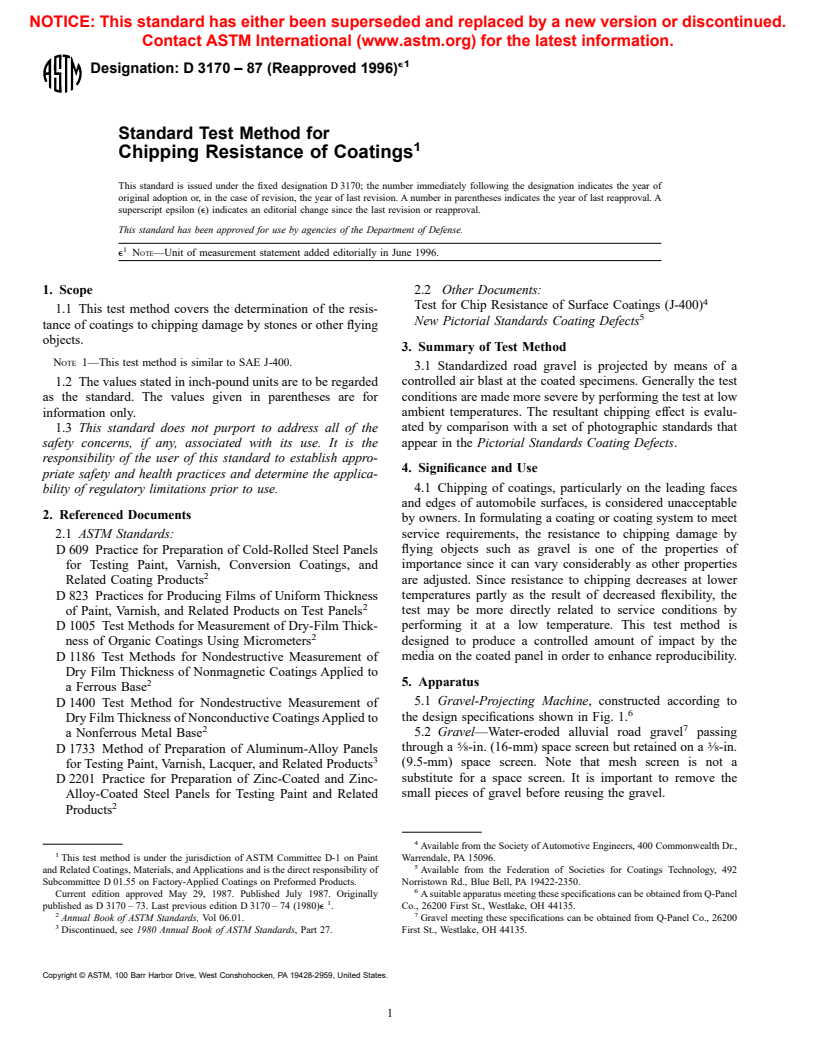 ASTM D3170-87(1996)e1 - Standard Test Method for Chipping Resistance of Coatings