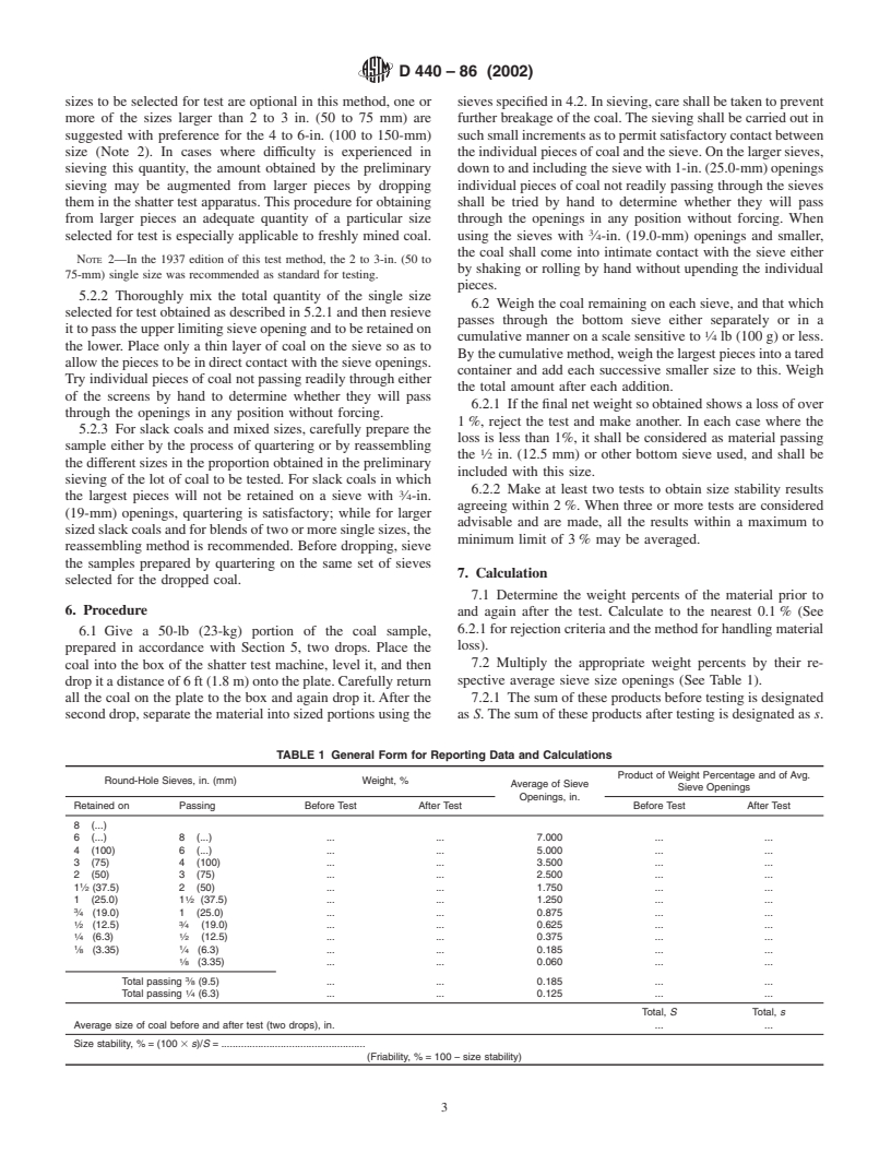 ASTM D440-86(2002) - Standard Test Method of Drop Shatter Test for Coal