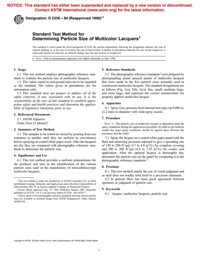 ASTM D2338-84(1996)e1 - Standard Test Method for Determining Particle Size of Multicolor Lacquers