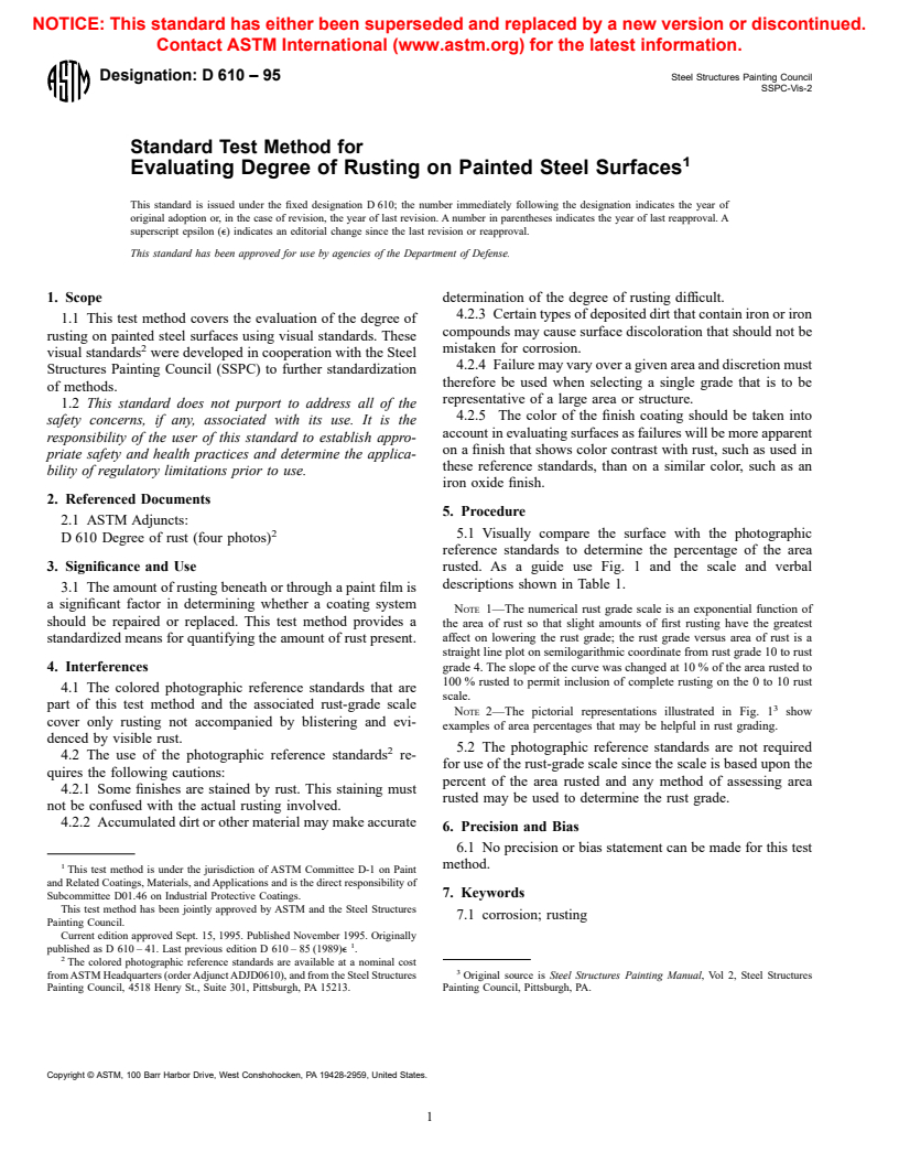 ASTM D610-95 - Standard Test Method for Evaluating Degree of Rusting on Painted Steel Surfaces