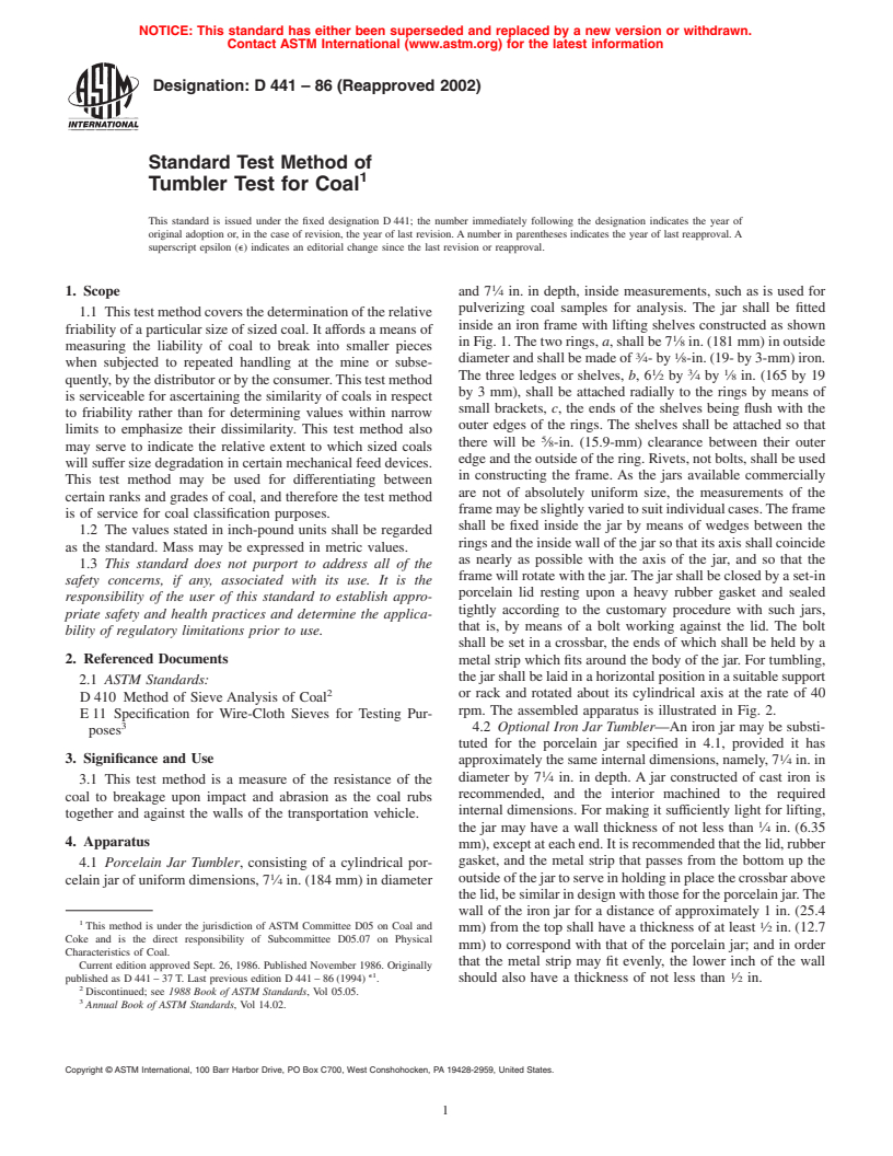 ASTM D441-86(2002) - Standard Test Method of Tumbler Test for Coal