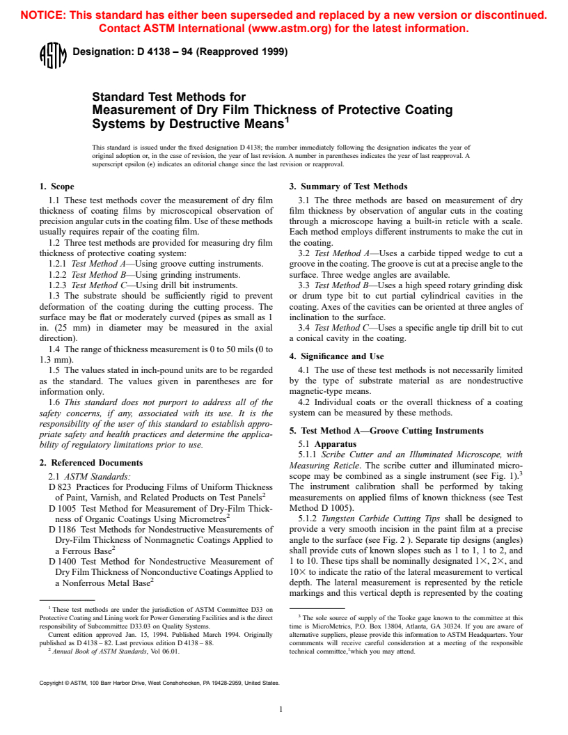 ASTM D4138-94(1999) - Standard Test Methods for Measurement of Dry Film Thickness of Protective Coating Systems by Destructive Means