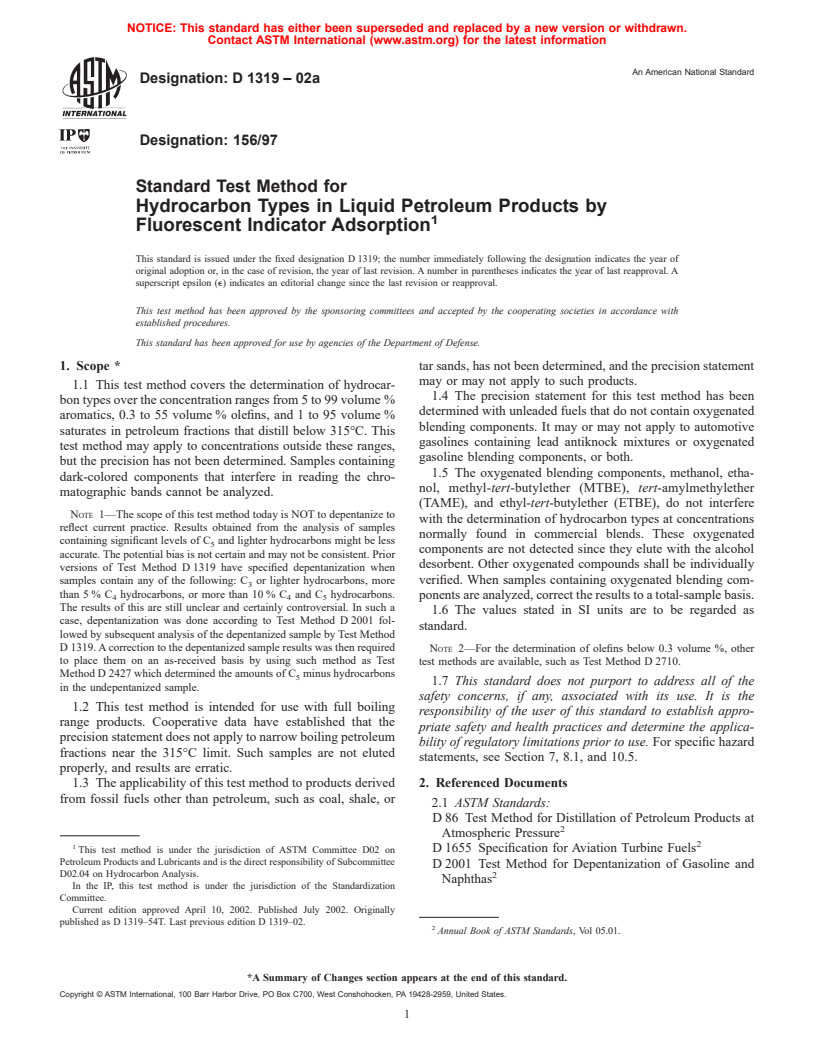 ASTM D1319-02a - Standard Test Method for Hydrocarbon Types in Liquid Petroleum Products by Fluorescent Indicator Adsorption