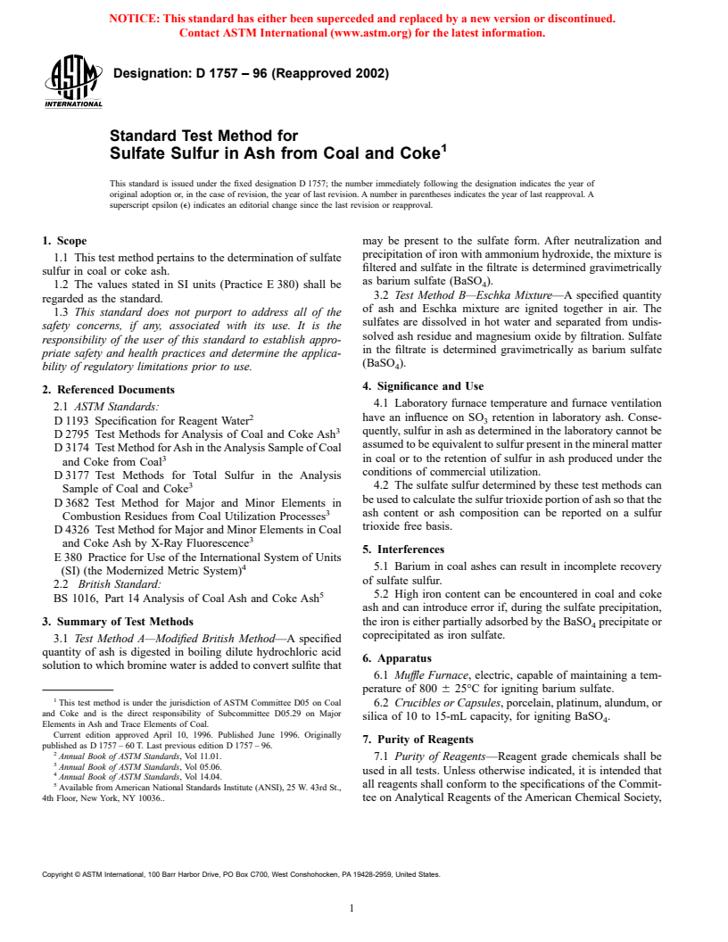 ASTM D1757-96(2002) - Standard Test Method for Sulfur in Ash from Coal and Coke