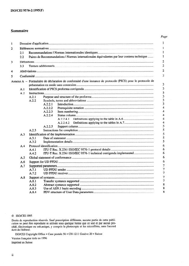 ISO/IEC 9576-2:1995 ISO/IEC 9576-2:1995 - Technologies de l'information -- Interconnexion de systemes ouverts (OSI) -- Protocole de présentation en mode sans connexion: Formulaire de déclaration de conformité d'une instance de protocole (PICS) - Page 2 preview