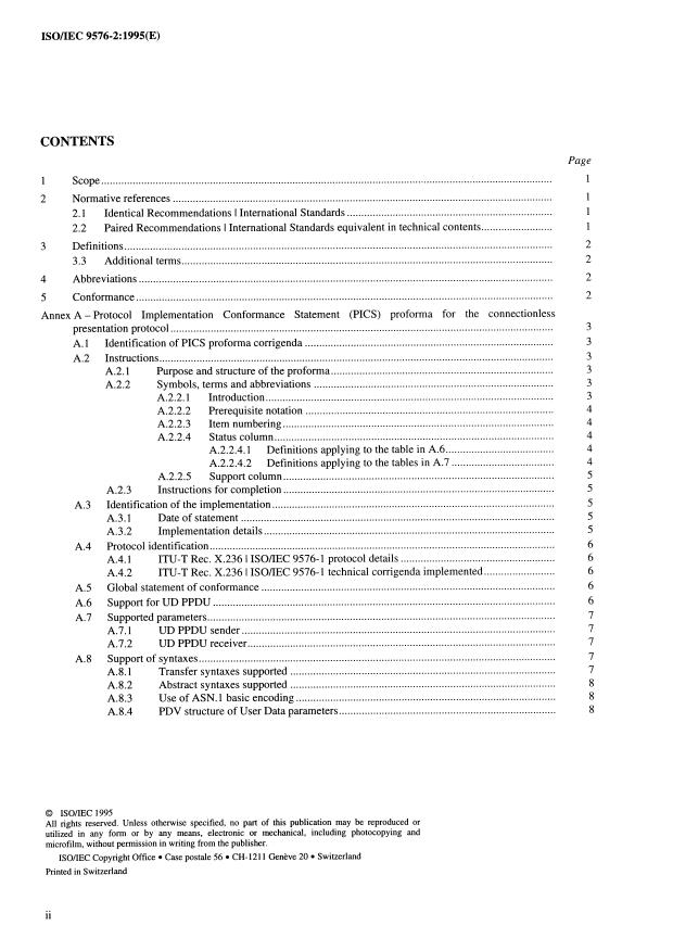 ISO/IEC 9576-2:1995 ISO/IEC 9576-2:1995 - Information technology -- Open Systems Interconnection -- Connectionless Presentation protocol: Protocol Implementation Conformance Statement (PICS) proforma - Page 2 preview