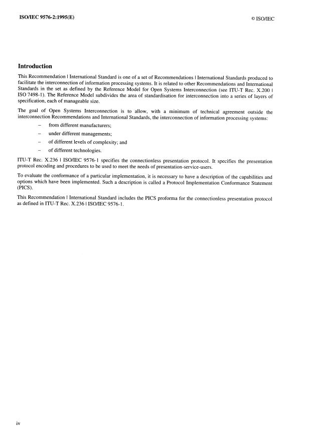 ISO/IEC 9576-2:1995 ISO/IEC 9576-2:1995 - Information technology -- Open Systems Interconnection -- Connectionless Presentation protocol: Protocol Implementation Conformance Statement (PICS) proforma - Page 4 preview