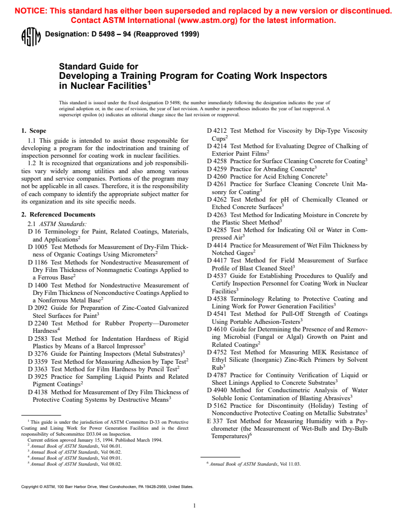 ASTM D5498-94(1999) - Standard Guide for Developing a Training Program for Coating Work Inspectors in Nuclear Facilities