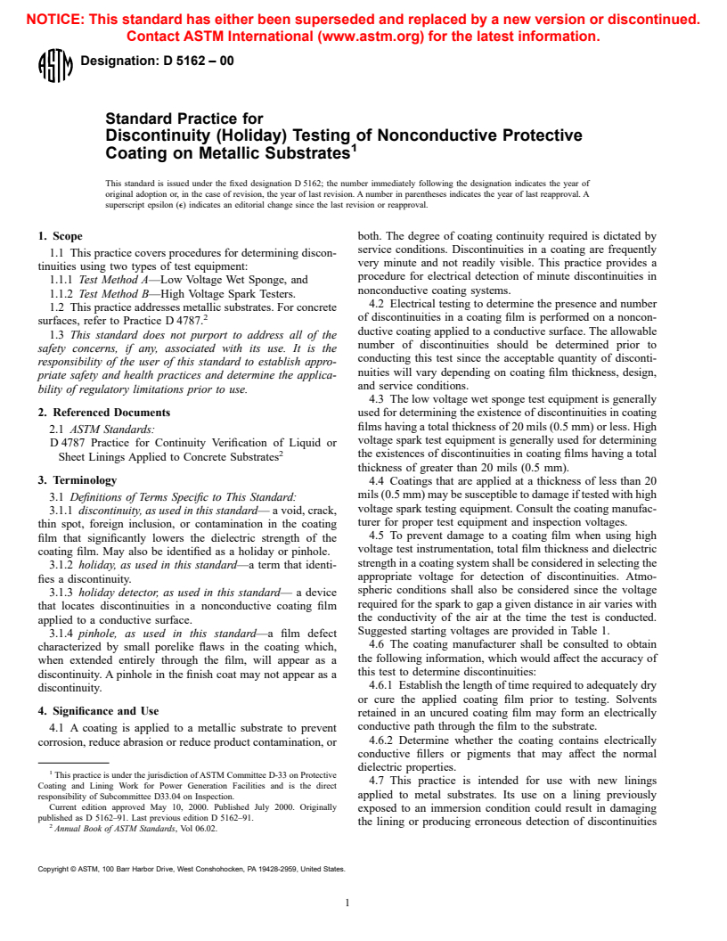 ASTM D5162-00 - Standard Practice for Discontinuity (Holiday) Testing of Nonconductive Protective Coating on Metallic Substrates