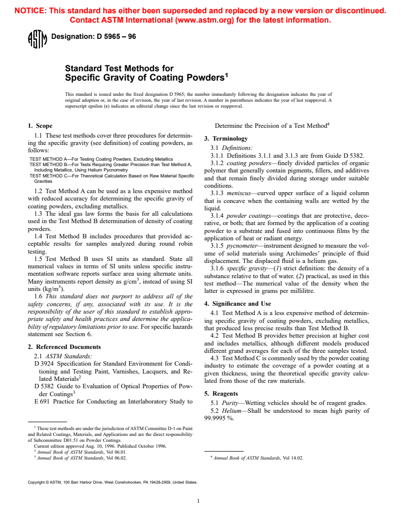 ASTM D5965-96 - Standard Test Methods for Specific Gravity of Coating Powders