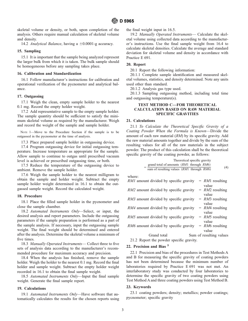 ASTM D5965-96 - Standard Test Methods for Specific Gravity of Coating Powders