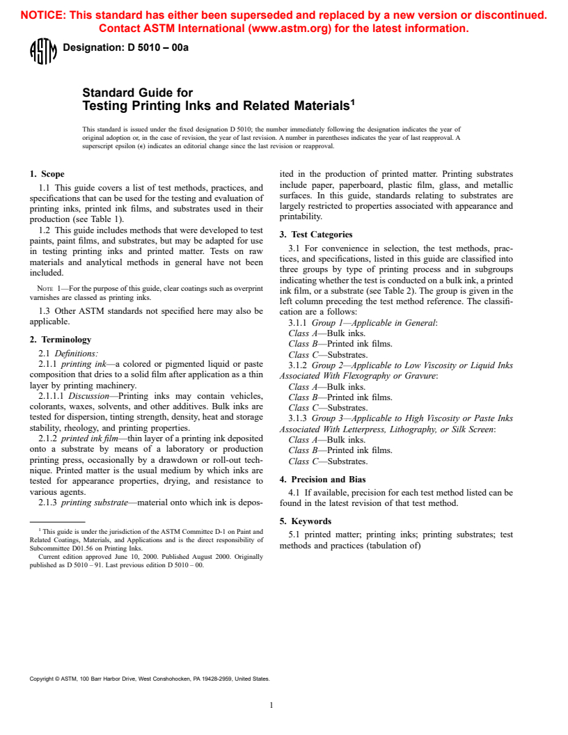 ASTM D5010-00a - Standard Guide for Testing Printing Inks and Related Materials