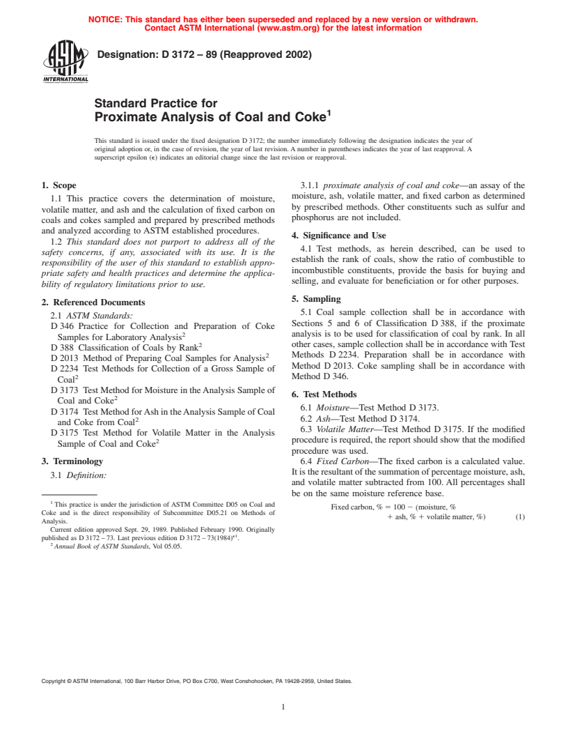 ASTM D3172-89(2002) - Standard Practice for Proximate Analysis of Coal and Coke