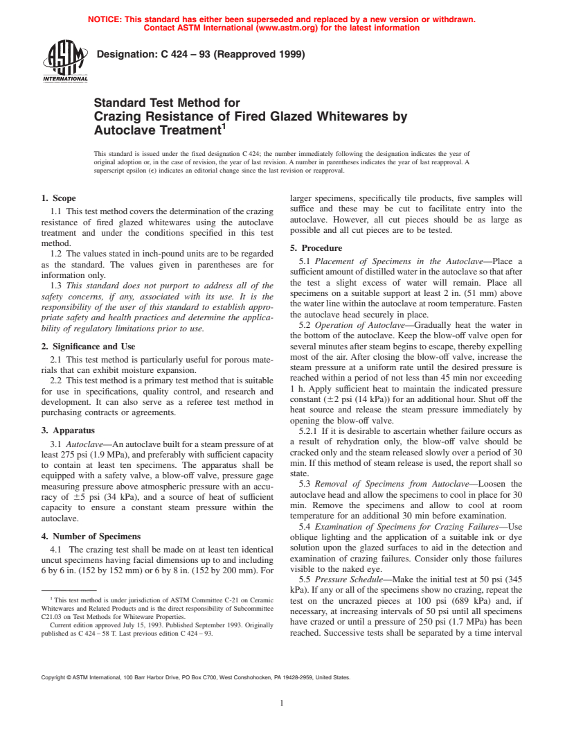 ASTM C424-93(1999) - Standard Test Method for Crazing Resistance of Fired Glazed Whitewares by Autoclave Treatment