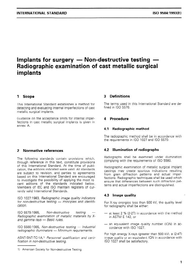 ISO 9584:1993 - Implants for surgery -- Non-destructive testing -- Radiographic examination of cast metallic surgical implants