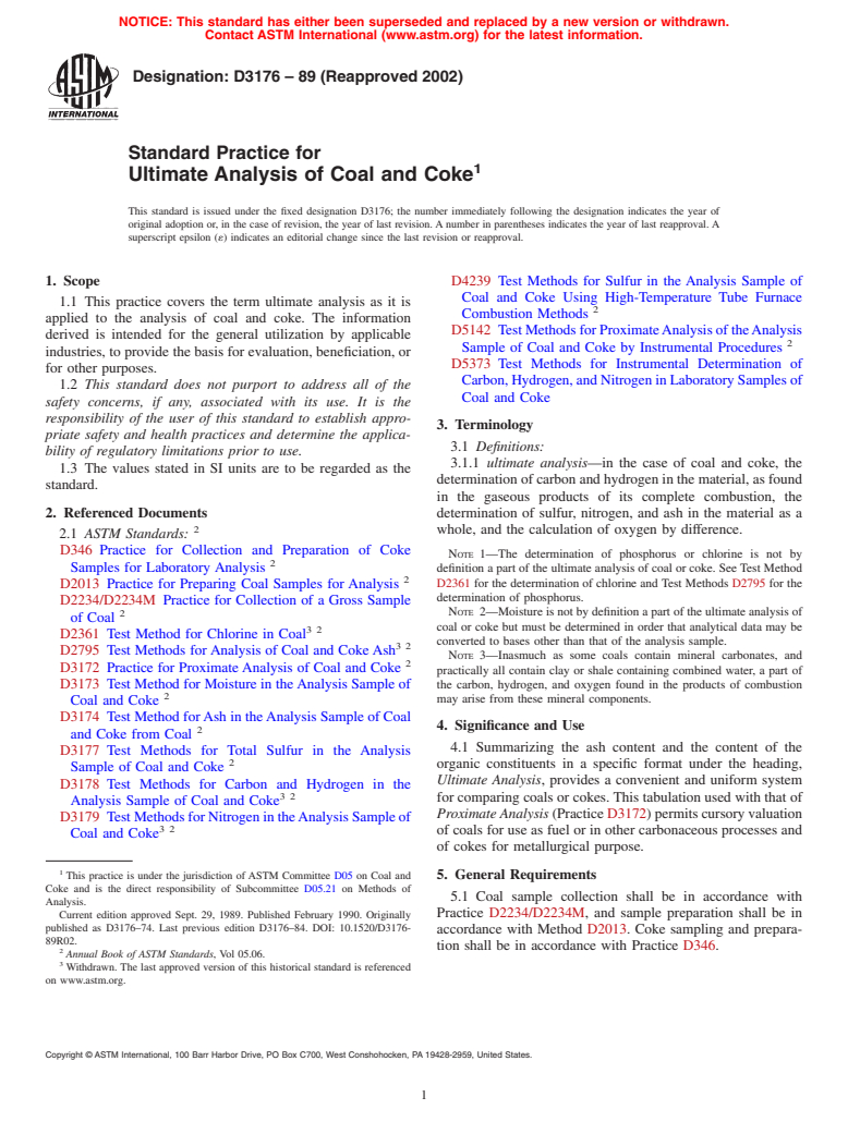 ASTM D3176-89(2002) - Standard Practice for Ultimate Analysis of Coal and Coke